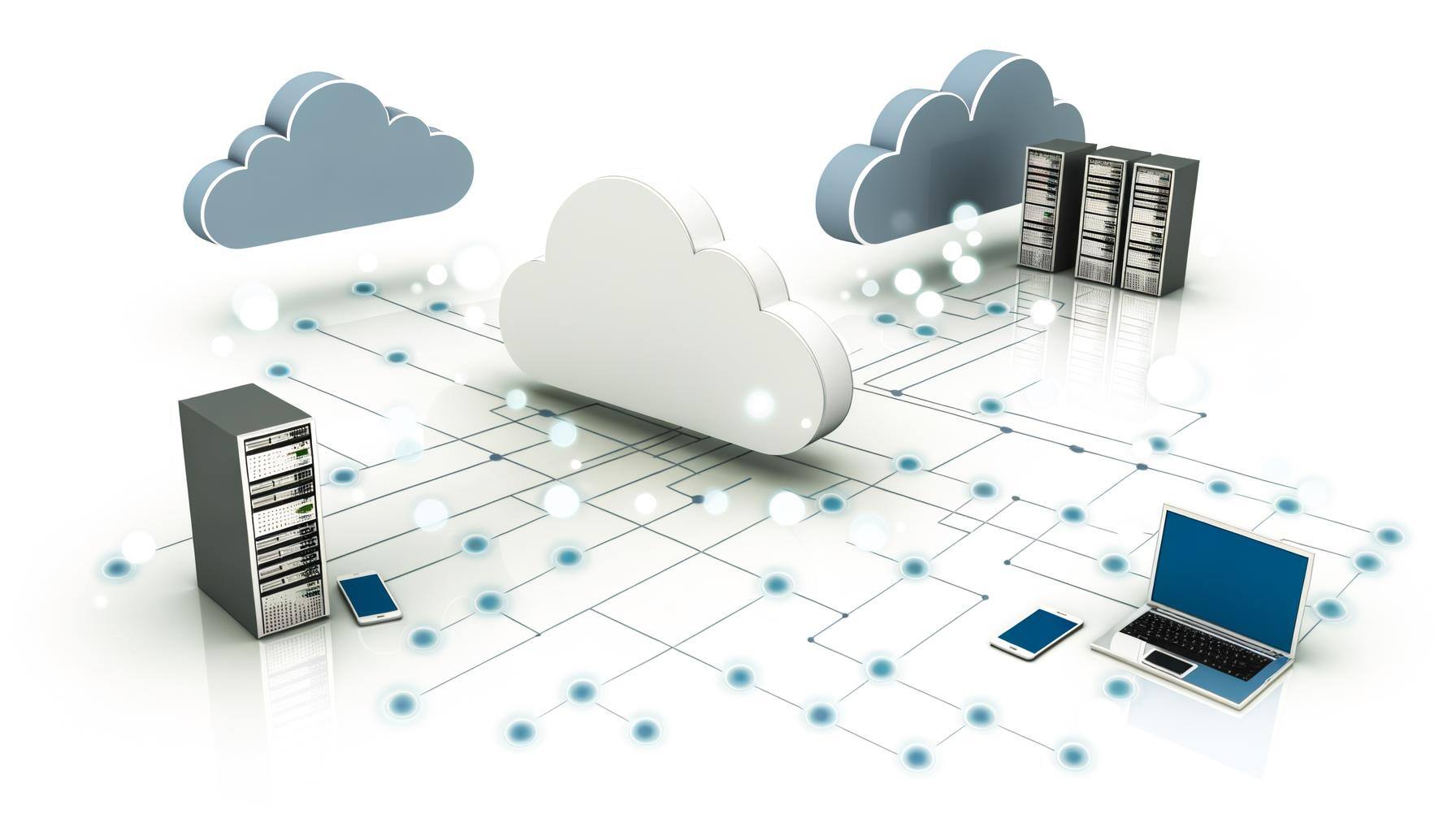 A bright and modern cloud computing scene with digital clouds connected to various devices like servers, laptops, and smartphones