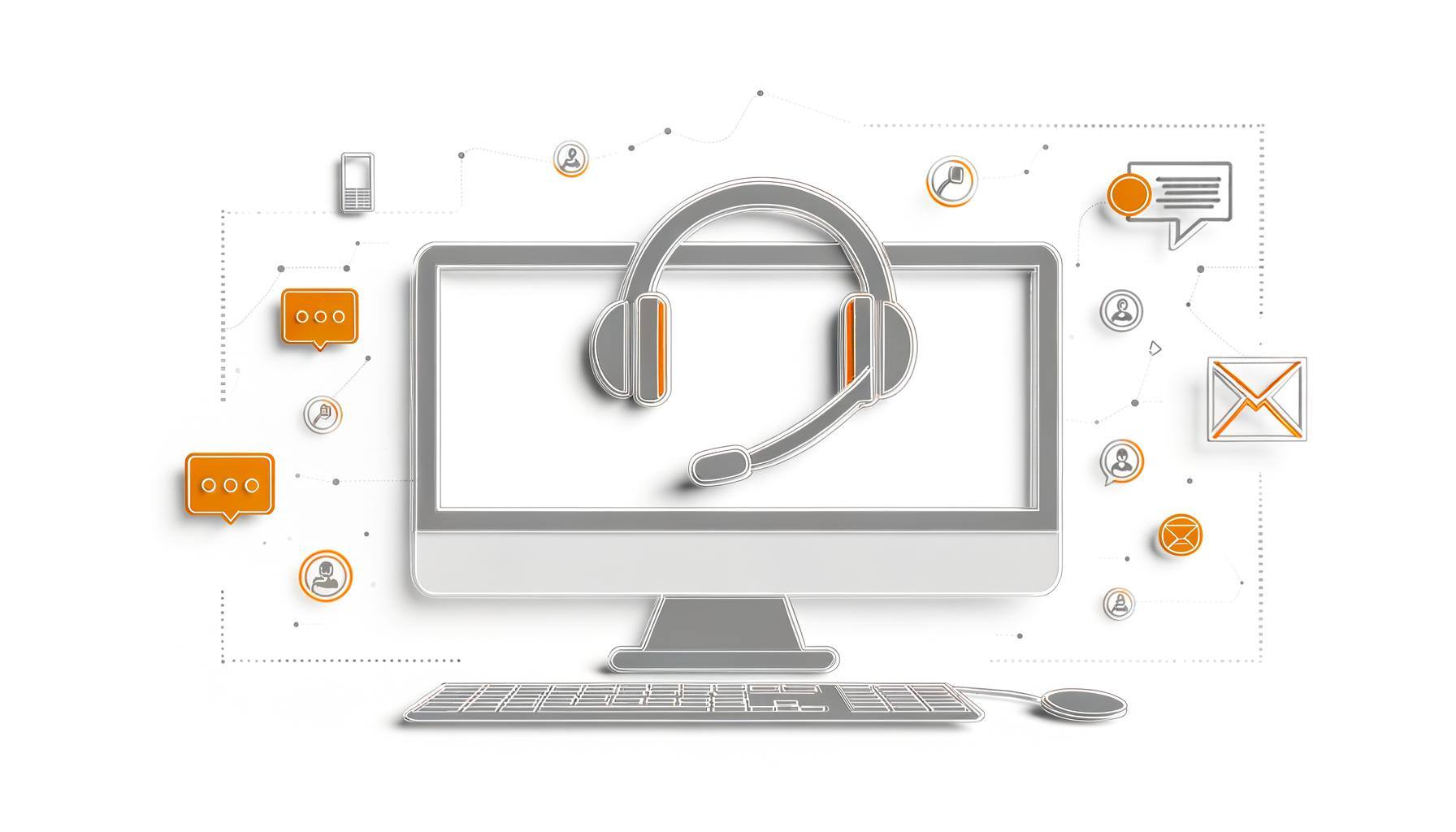 A bright, clean illustration on a white background featuring a headset and computer screen, symbolizing IT support and helpdesk services