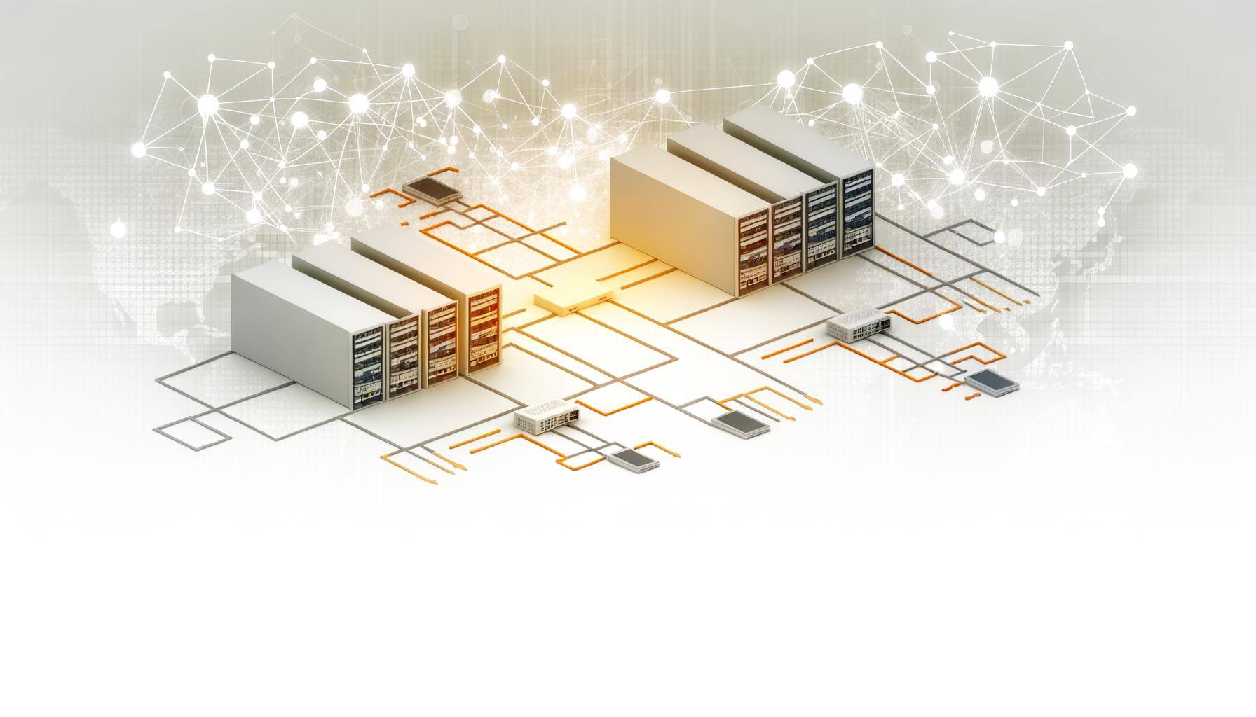 A bright, modern illustration of interconnected servers, data centers, and network equipment, symbolizing IT infrastructure