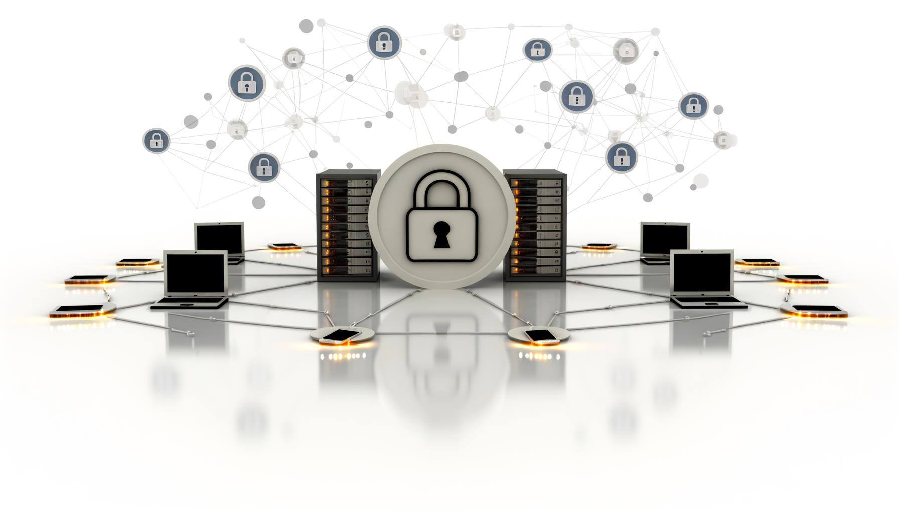 A clean, modern illustration on a white background featuring a central shield or padlock icon to represent cybersecurity, surrounded by subtle orange