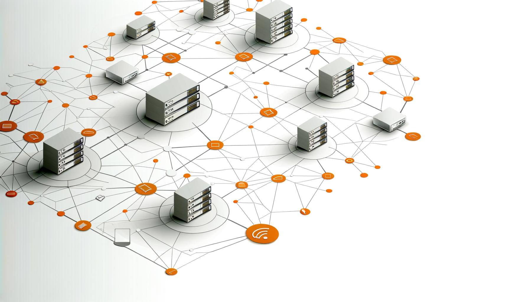 A clean, modern illustration on a white background featuring interconnected nodes and devices such as routers, servers, and computers, symbolizing a w