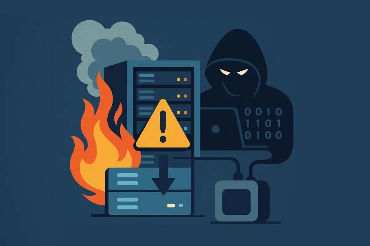 Server disaster scene with hacker, fire, and alert symbol representing IT recovery risks