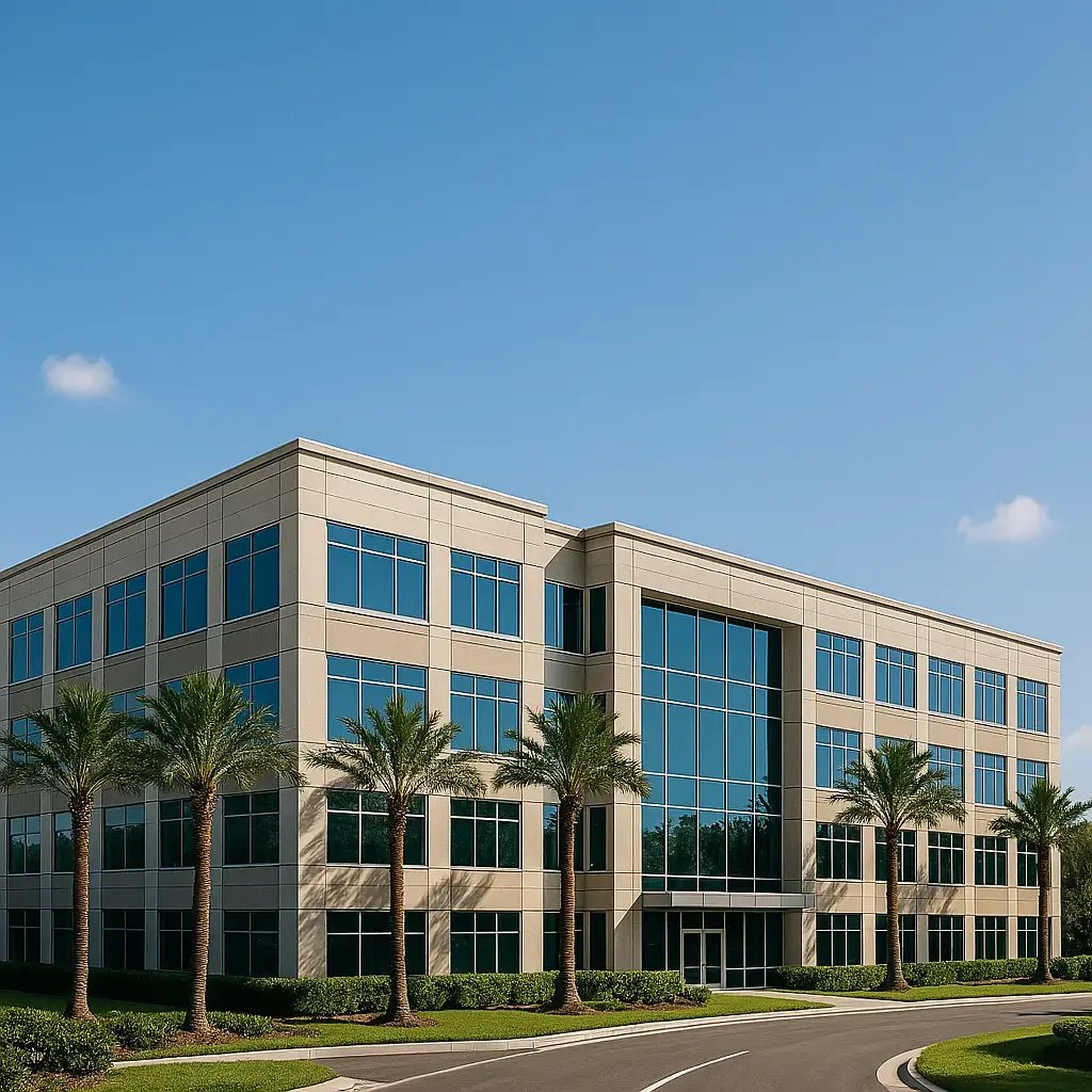 Modern office building with palm trees under a blue sky in Florida.