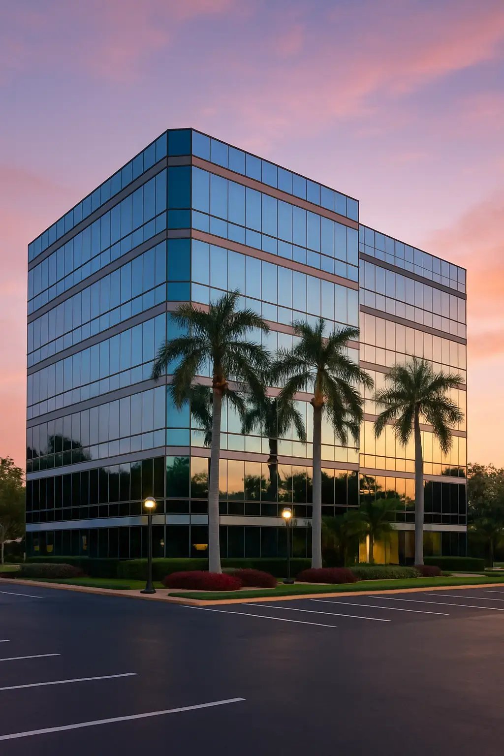 Modern office building in Florida with palm trees at sunset.