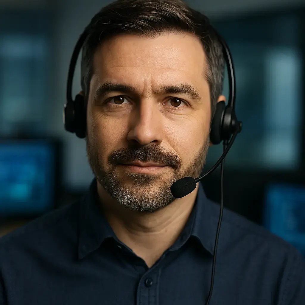 Friendly IT professional with headset ready to assist clients.