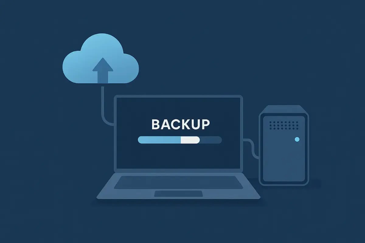 Laptop syncing data to the cloud and local server for backup