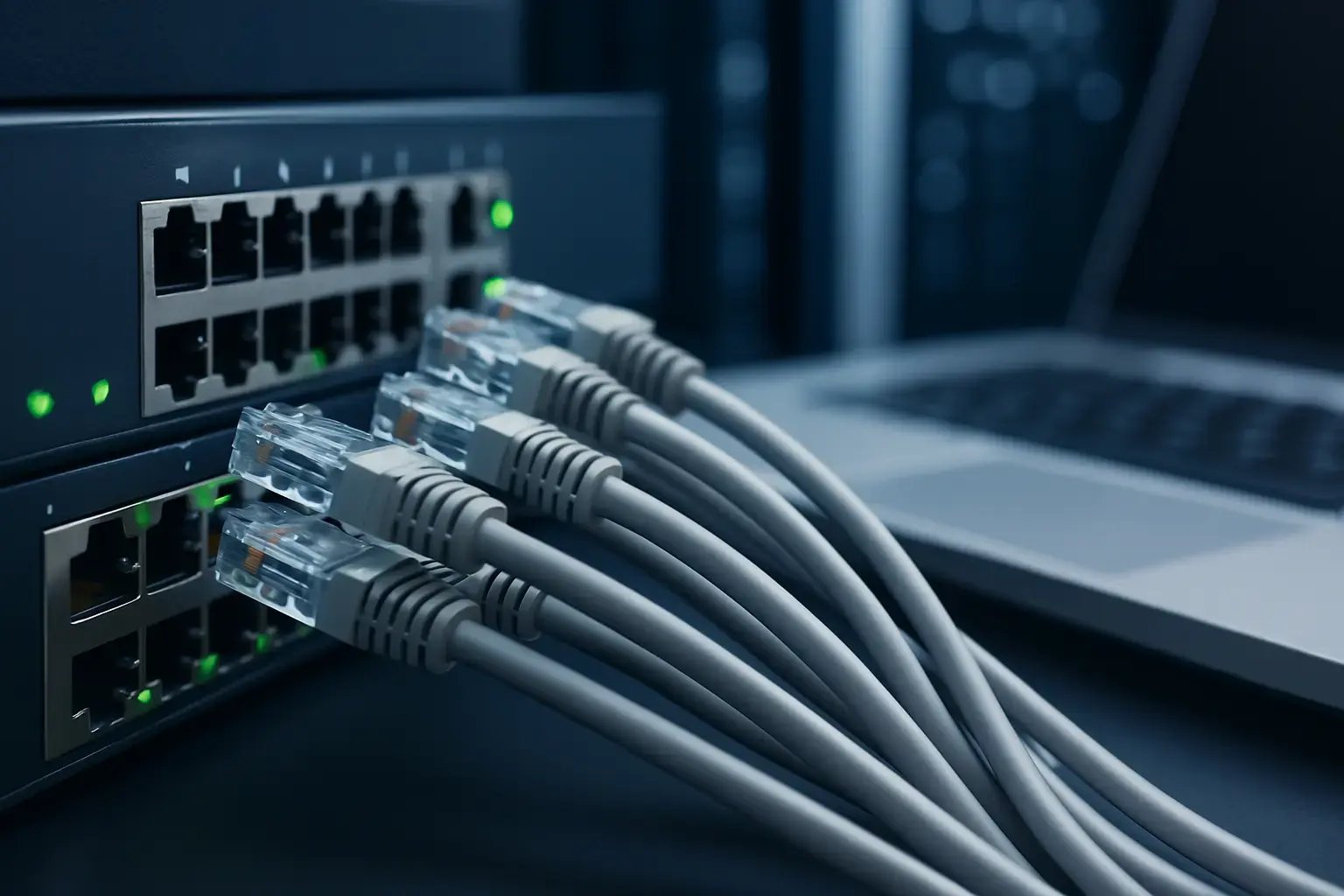 Close-up of ethernet cables connected to a network switch next to a laptop in a data center environment