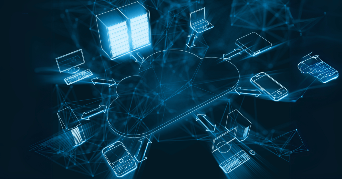 Illustration of a managed network setup featuring interconnected servers and cloud icons